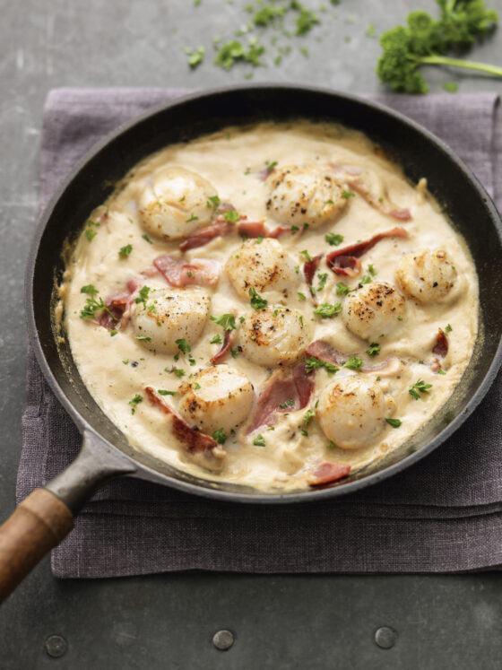 Creamy scallops with bacon- recipe by Justine Pattison